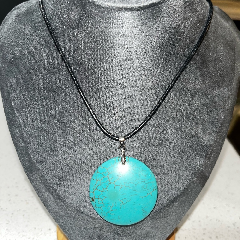 Large Turquoise Style Disc Pendant Necklace 18KT GP stamped Boho Southwestern